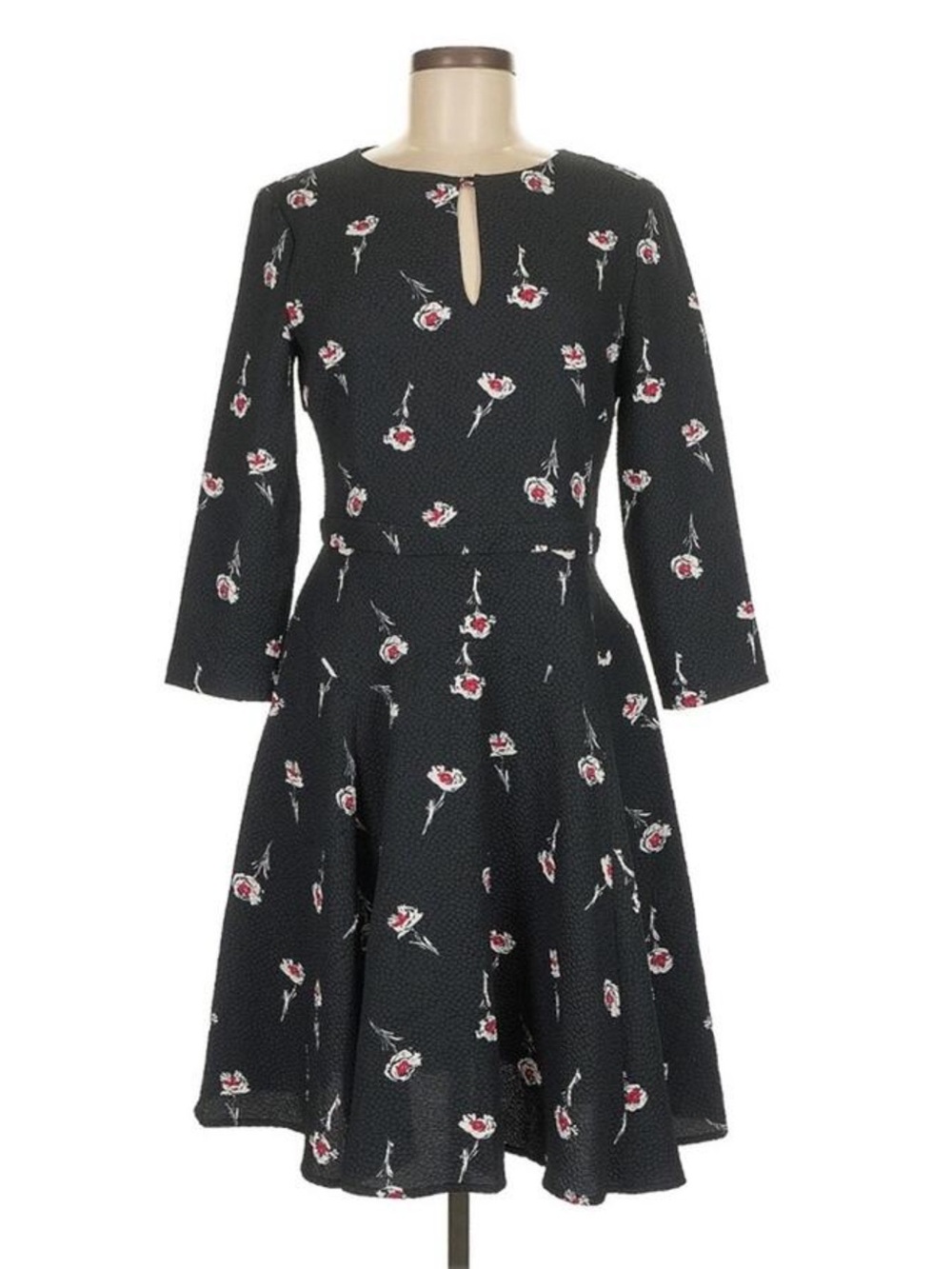 Armani Jeans Black Floral Fit-and-Flare Dress with Keyhole Neckline. Size 42.